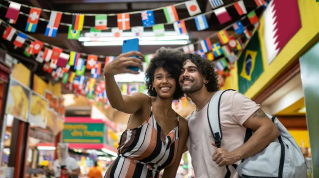 Couple taking a selfie while traveling.
