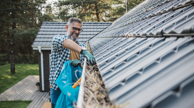 Man cleaning the gutters on this roof.
