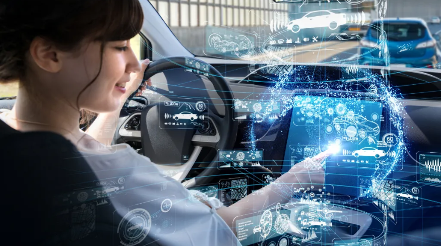 3D visual of a women setting up driverless vehicle settings on the cars touch screen.