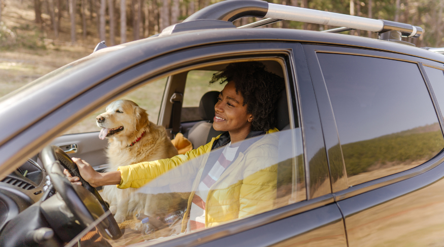 Girl and her dog driving in a car.